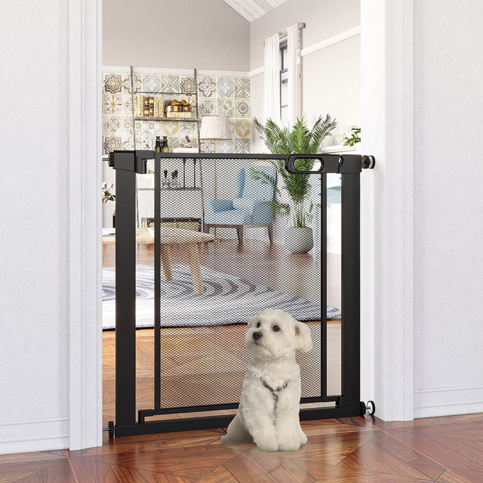 PawHut Pressure Fit Safety Gate for Doorways and Staircases, Dog Gate w/ Auto Closing Door, Pet Barrier for Hallways w/ Double Locking, Openings 75-103CM - Black