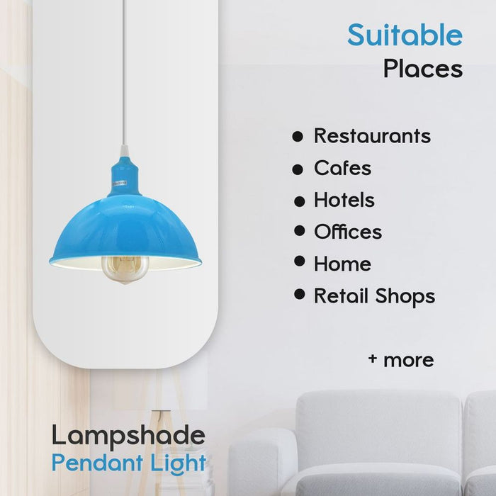 Blue Dome Pendant Lights - 2 Pack, Sturdy Metal, Loft Style, 21cm, Spray Painted, Inner White