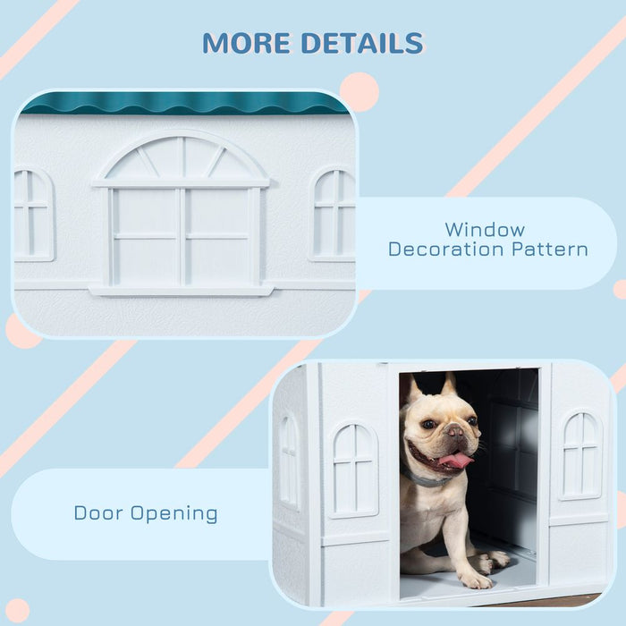 PawHut Weather-Resistant Dog House - Blue. Keep Your Medium Dog Safe & Cozy. Shielding from Rain & UV Rays. Easy Assembly. Optimal Airflow.