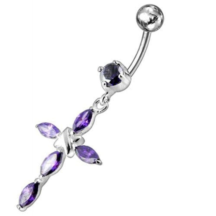 Jeweled Fancy Silver Flower Dangling SS Bar Banana Belly Ring