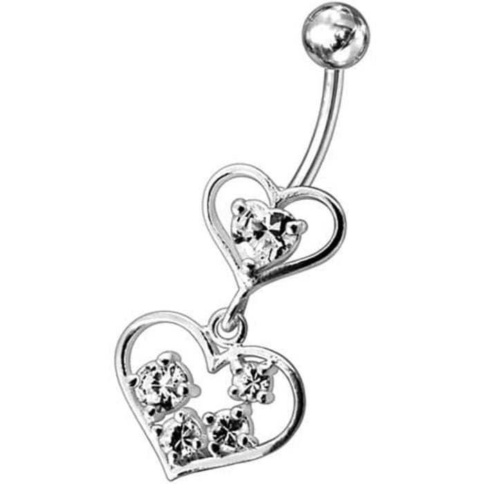 Fancy Jeweled Heart Dangling SS Bar Body Belly Ring