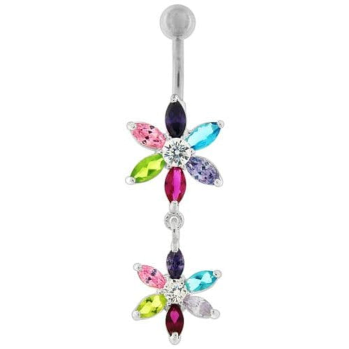 Silver Jeweled Flower Dangling SS Curved Belly Ring