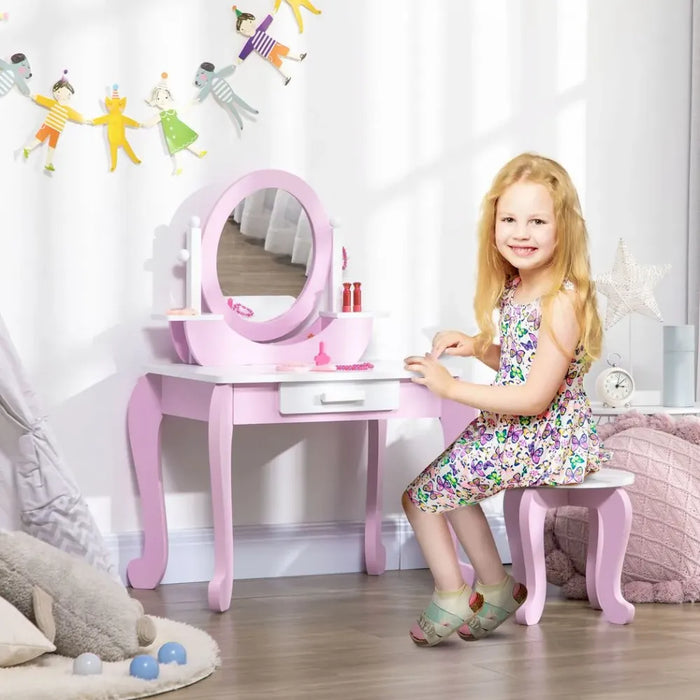 Kids Dressing Table with Mirror and Stool with Drawer for 3-6 Years Old, Pink