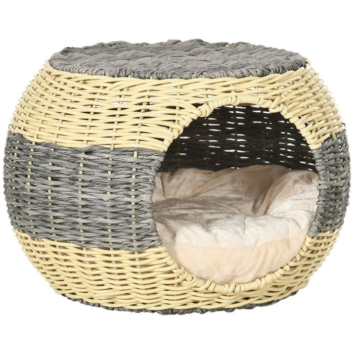 PawHut Wicker Cat House, Rattan Raised Cat Bed - Best Quality, Comfy Cushion - 40x30cm