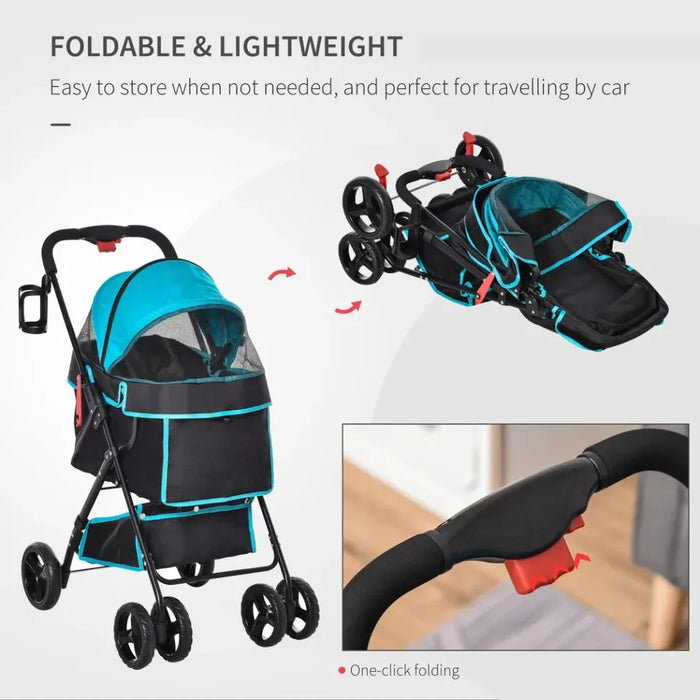 Folding Pet Stroller w/ Brake, Adjustable Canopy, Removable Cloth - Top Quality