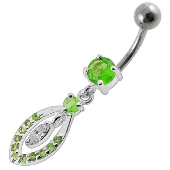 Jeweled Fancy Silver Dangling SS Bar Banana Belly Ring