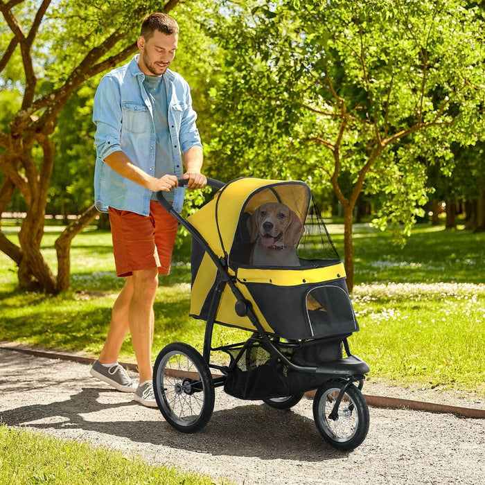 PawHut 3 Wheel Pet Stroller - Yellow | Medium Small Dogs Cat Pram | Foldable & Stylish