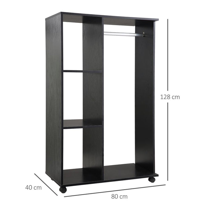 Rolling Open Wardrobe Hanging Rail Storage Shelves for Clothes, Black