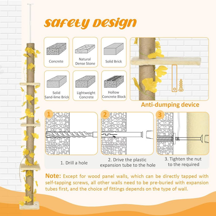 Adjustable 242cm Floor-To-Ceiling Cat Tree - Anti-Slip - Yellow