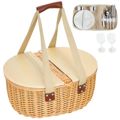 Outsunny Wicker Picnic Basket for 2 with Pine Wood Lid, Light Brown