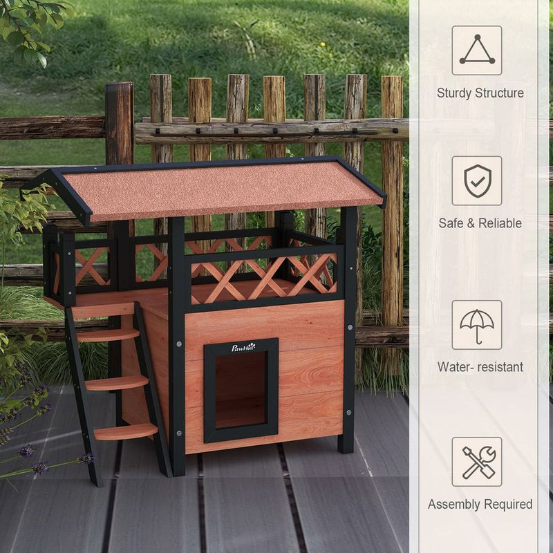 PawHut Outdoor Cat House with Balcony Stairs Roof Brown