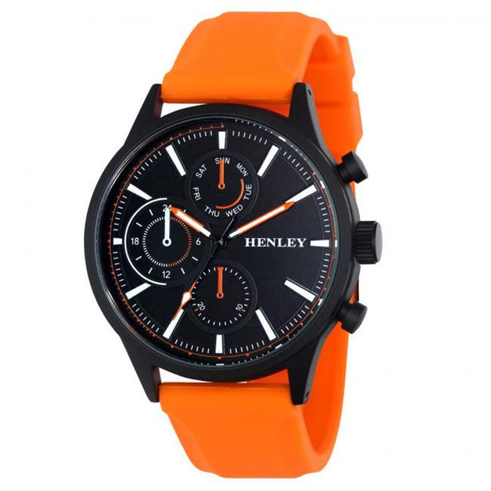 High-Quality Henley Mens Multi Eye Black Dial Sports Watch With Large Orange Silicone Strap - H02222.8