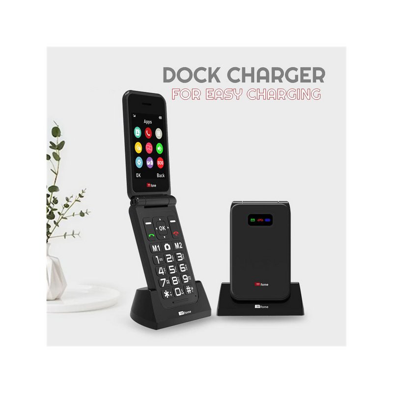 TTfone Black Flip 4G Mobile - Big Button & Emergency Button. Mains Charger & Vodafone Pay As You Go