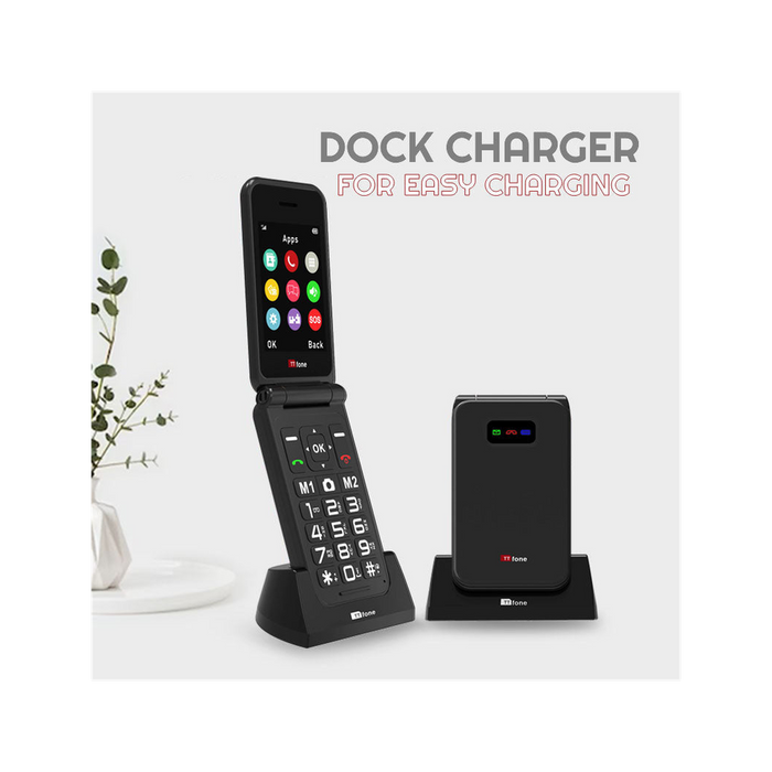 TTfone Black Flip 4G Mobile - Big Button & Emergency Button. Mains Charger & Vodafone Pay As You Go
