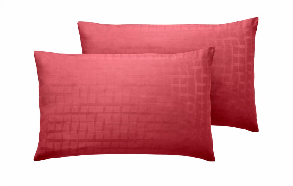 400TC - 100% Cotton Satin Stripe Check Pillowcase Pair Red