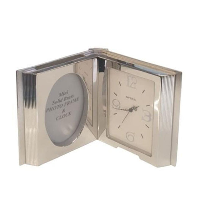 Miniature Clock Silvertone Plated Photo Frame & Clock Solid Brass IMP100S - CLEARANCE NEEDS RE-BATTERY