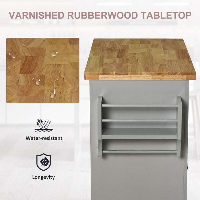 Versatile Rolling Kitchen Island Cart- Rubber Wood Top, Spice Rack, Towel Rack- High-Quality Storage Solution