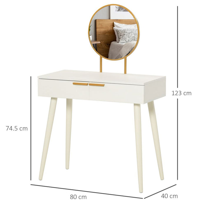 Elegant White Dressing Table with Round Mirror & 2 Drawers - High-Quality Makeup Vanity Desk