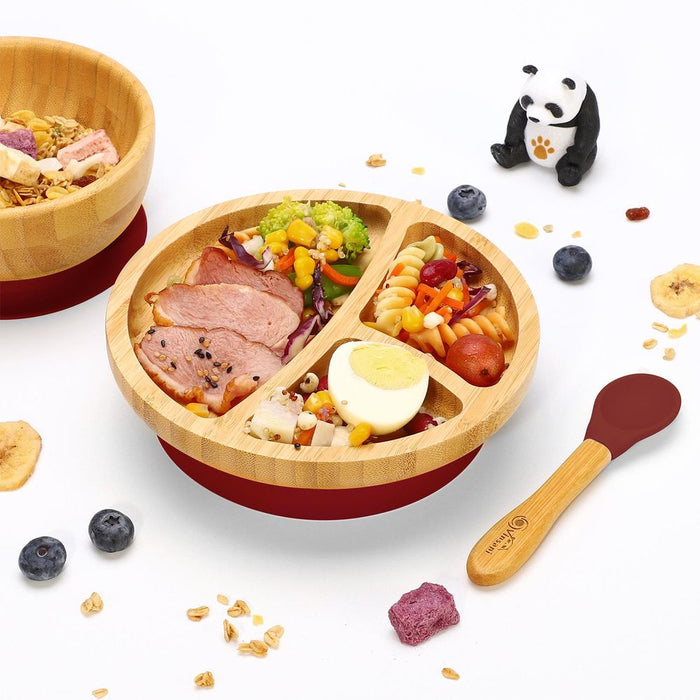 VINSANI BAMBOO BOWL, ROUND PLATE & SPOON SET - Non-Slip Base, All-Natural, Easy Clean - Perfect for Baby Feeding!