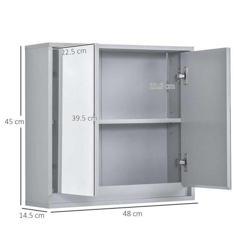 HOMCOM Bathroom Mirror Cabinet Wall Mounted Storage Shelf Bathroom Cupboard Double Door, Grey