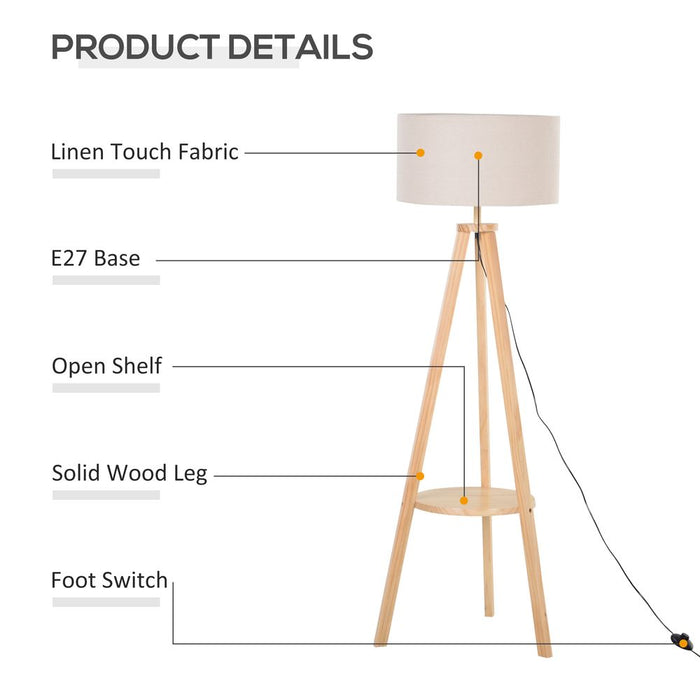 Floor Lamp, 154H cm-Beige/Natural Wood Colour