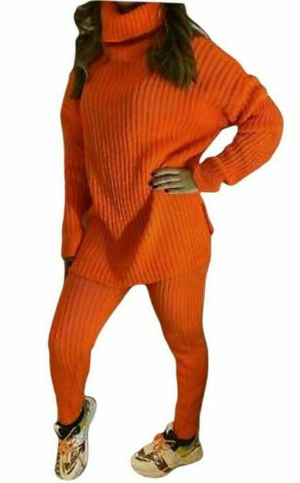 Ladies Chunky Knitted Ribbed Polo High Neck Top Leggings Loungewear Suit Set