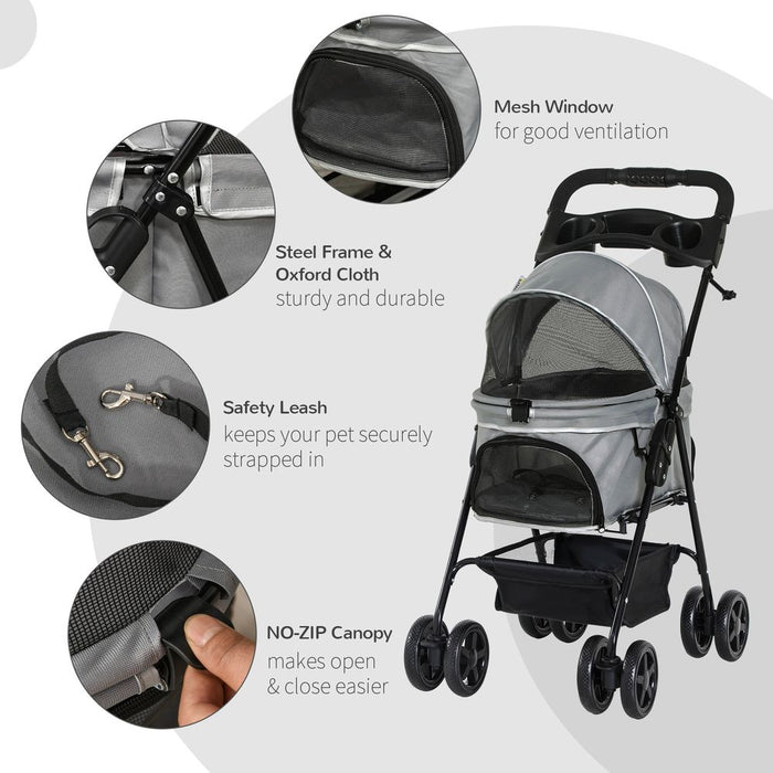 PawHut Pet Stroller: No-Zip, Foldable, Travel Carriage with Brake, Basket, Adjustable Canopy