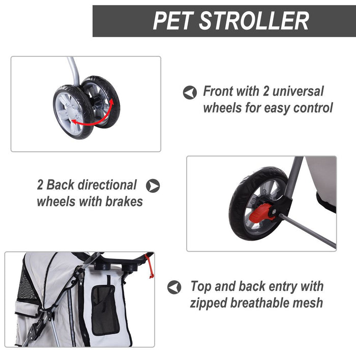 Pet Stroller Cat Dog Basket Zipper Entry Fold Cup Holder Carrier Cart Grey