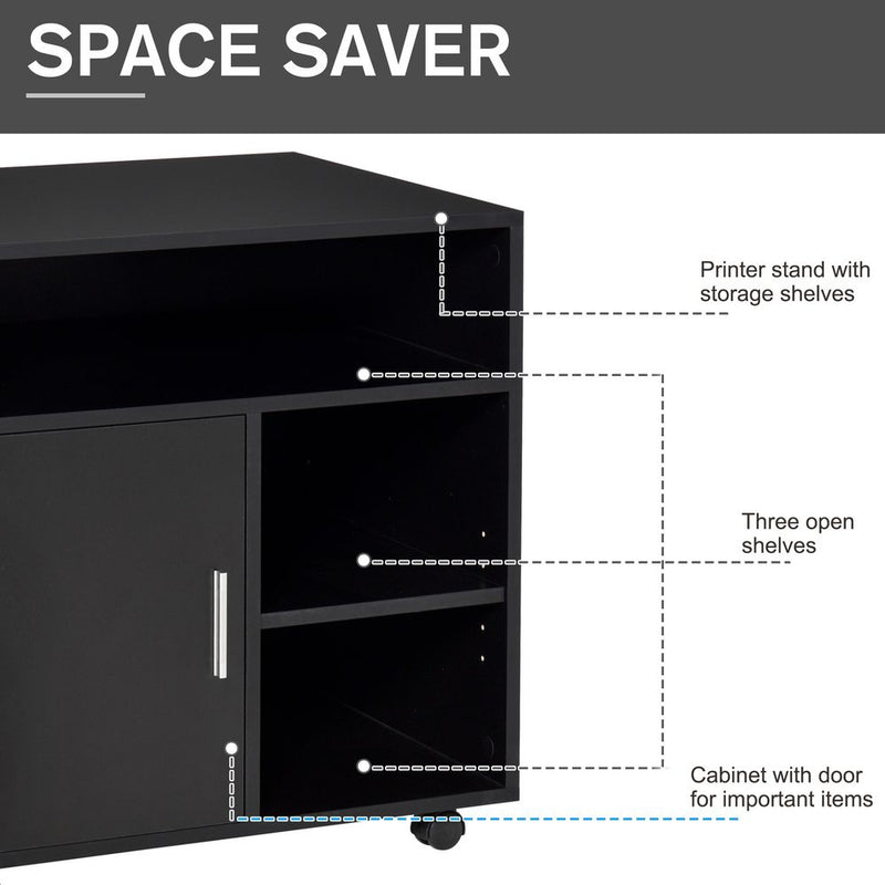 HOMCOM Multi-Storage Printer Stand Unit Office Desk Side Mobile Storage w/Wheels Modern Style 60L x 50W x 65.5H cm - Black