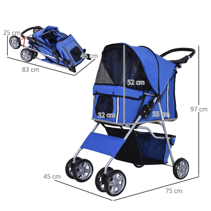 PawHut Pet Stroller for Small Dogs Cats Foldable Travel Carriage with Wheels Zipper Entry Cup Holder Storage Basket Blue