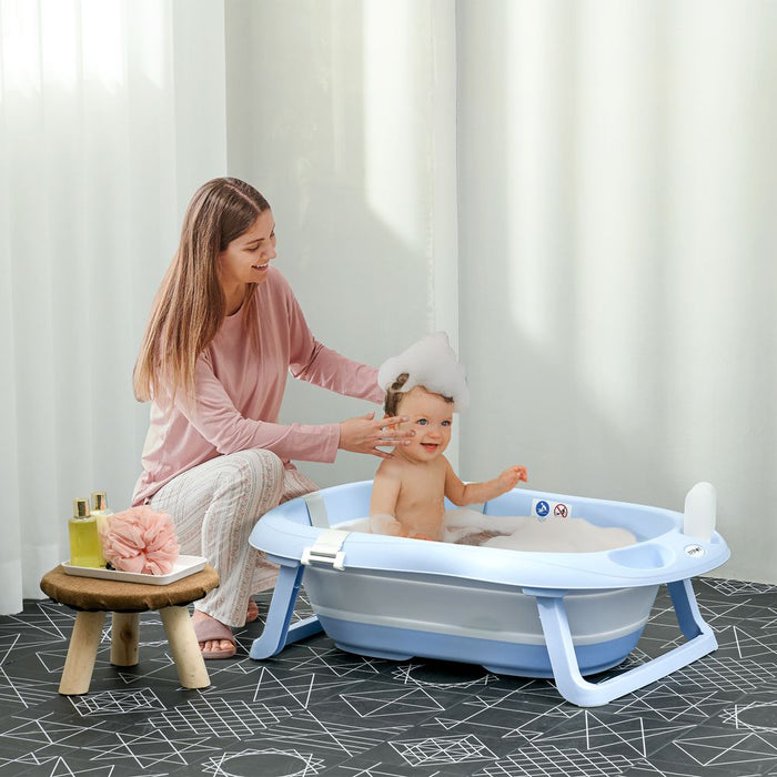 Premium Foldable Baby Bathtub - Non-Slip Legs, Cushion, Shower Holder - Best Quality - Blue