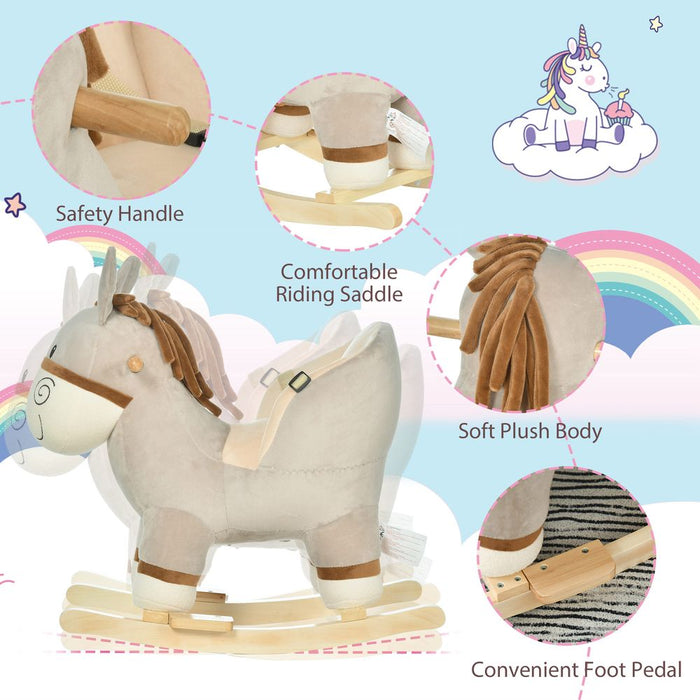 HOMCOM Kids Children Rocking Horse Plush Ride On Donkey Seat w/Sound Wood Base Seat Safety Belt Toddler Baby Toy Rocker Grey 18-36 Months