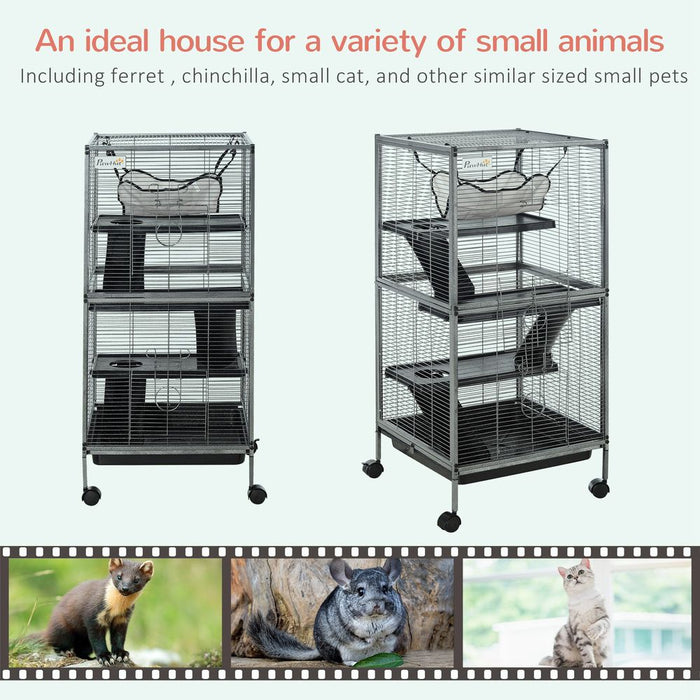 PawHut Small Animal Cage with Wheels Pet Home for Chinchillas Ferrets Kittens, with Hammock, 4 Platforms, Removable Tray, Grey