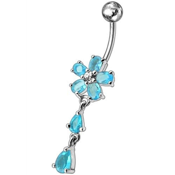 Fancy Jeweled Flower With Silver Dangling SS Bar Navel Ring