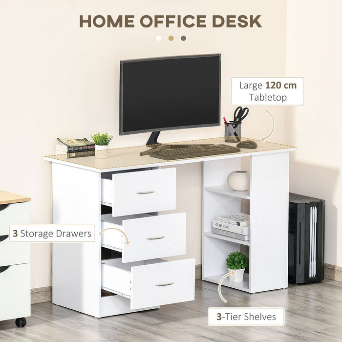 120cm Computer Desk PC Table Workstation - 3 Shelf & Drawers - White