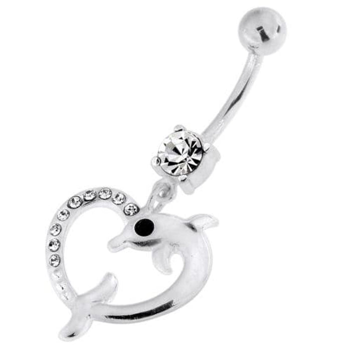 Jeweled Dolphin Heart 925 Sterling Silver Navel Belly Piercing