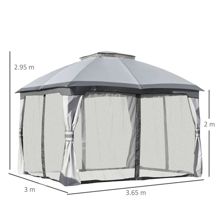 Premium 4x3m Metal Gazebo Canopy & Netting Sidewalls, Double Tiered Roof, Grey