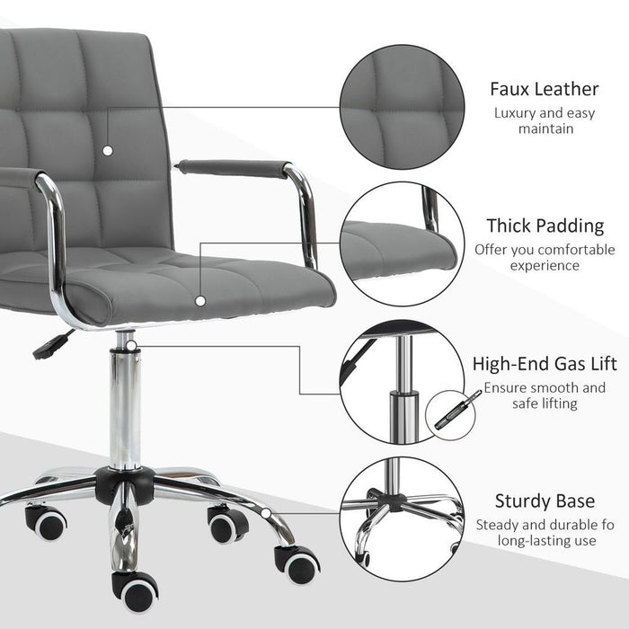 Comfortable Mid Back Swivel Home Office Chair - Grey PU Leather, Arm & Wheel - High Quality