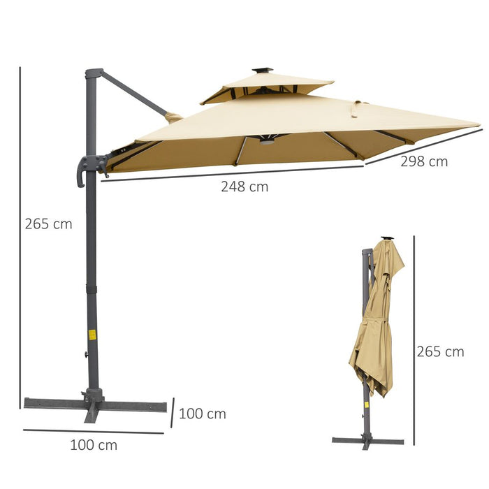 3m Cantilever Patio Umbrella, Solar LED Lighted Crank Handle Khaki