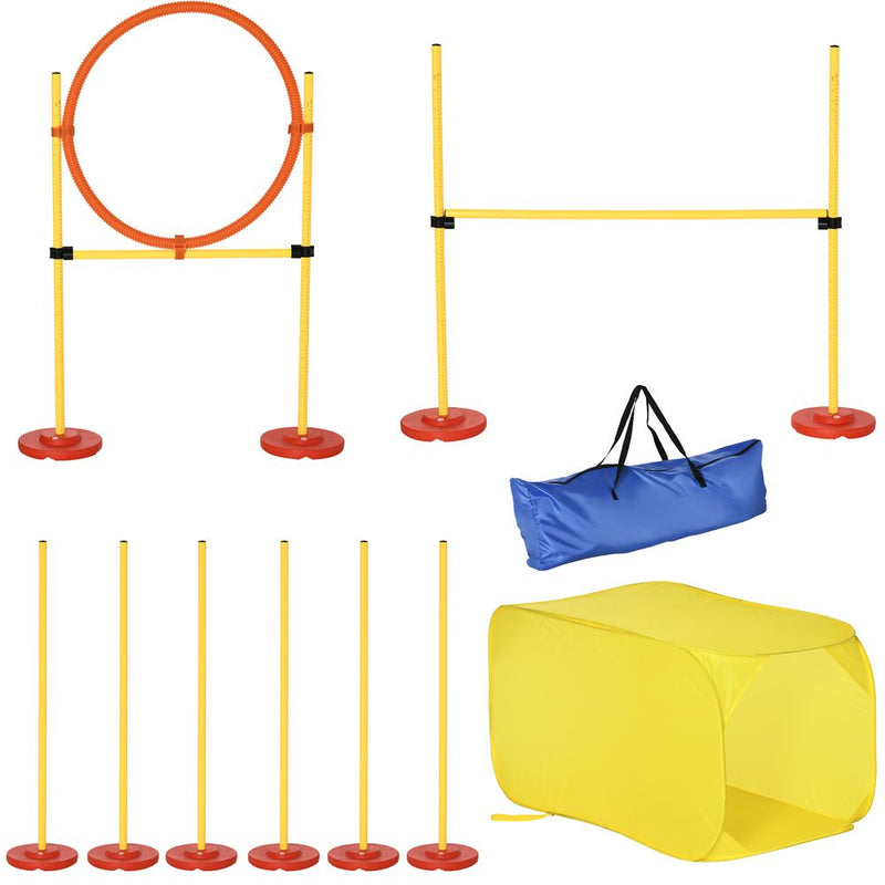PawHut Portable Pet Agility Training Obstacle Set for Dogs w/Adjustable High Jumping Pole, Jumping Ring, Turnstile poles, Tunnel