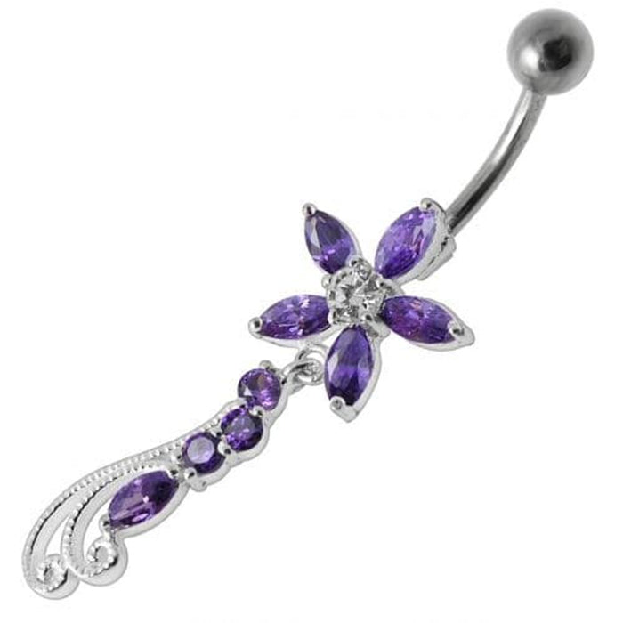 Fancy Multi Stones Jeweled Flower Dangling Navel Ring