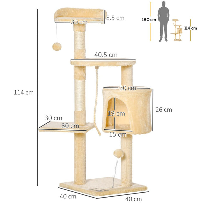 PawHut Cat Tree for Indoor Cats Pet Activity Centre Kitty Condo Climbing Scratching Post with Toys 4-tier 114cm Tall Beige