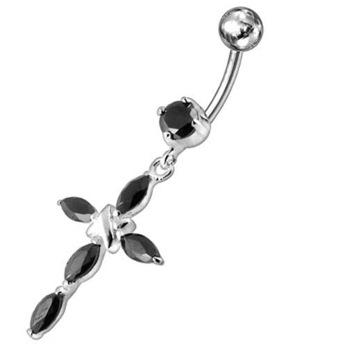 Jeweled Fancy Silver Flower Dangling SS Bar Banana Belly Ring