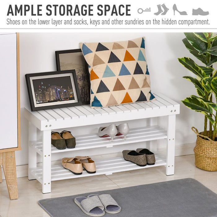 3-Tier Open Shoe Rack Hidden Storage Wood Frame Wide Shelves White