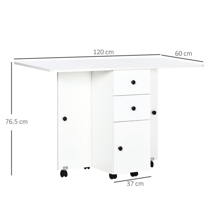 Folding Dining Table, Drop Leaf with Storage Drawers White - Space Saving Design, Expandable, 4-6 People Capacity