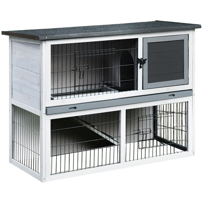 PawHut 2-Tier Wooden Rabbit Hutch Guinea Pig House Bunny Cage Backyard w/Openable Roof Small Animal House for Outdoor Grey, 108 x 45 x 78 cm