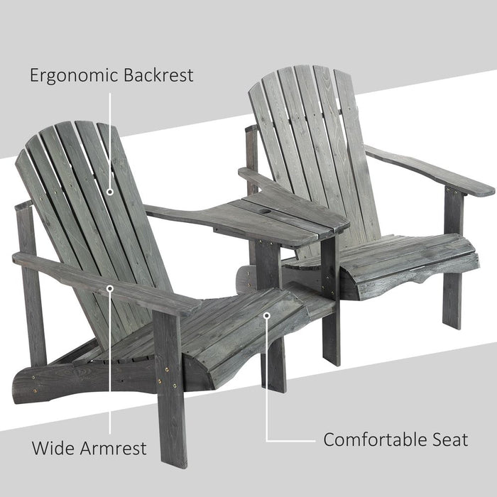 Wooden Double Adirondack Chairs Loveseat & Center Table & Umbrella Hole, Grey