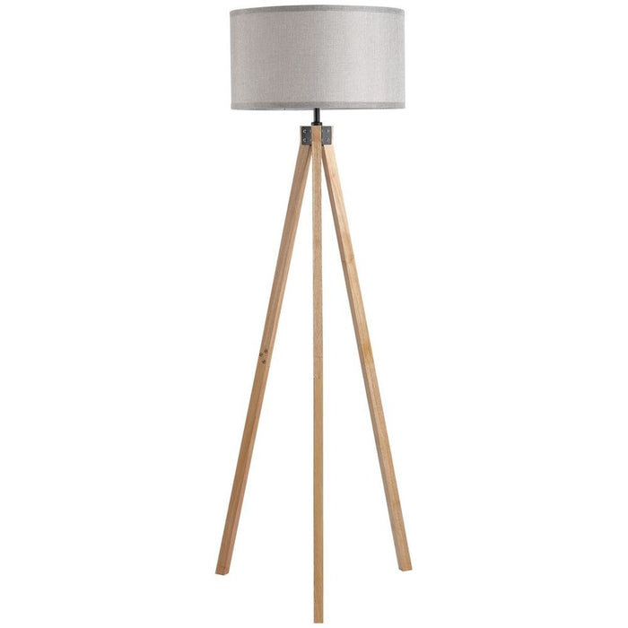 Stylish Wood Tripod Floor Lamp: Elegant E27 Bulb, Linen Shade, Grey