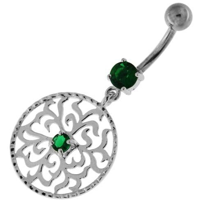 Center Jeweled Grass Leafs Cut out Sterling Silver Navel Bar