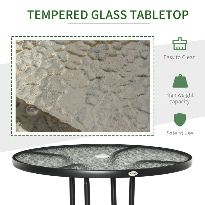 Outdoor Round Dining Table Tempered Glass Top Steel w/ Parasol Hole 80cm